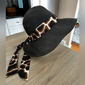 Women’s Nine West Black Floppy Hat with Animal Print Band